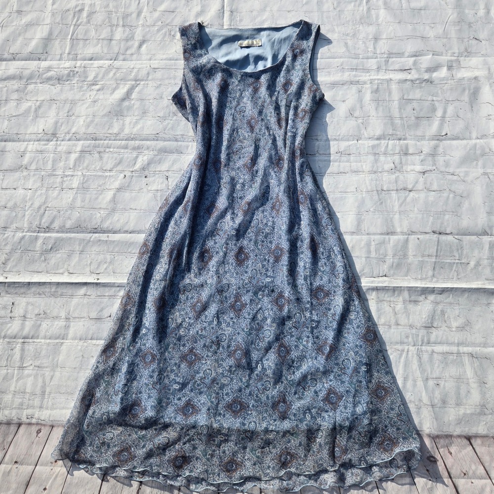 Vintage Dressbarn Blue Paisley Chiffon Maxi fairy Dress Lettuce hem 16